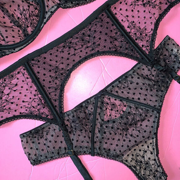 Victoria's Secret unlined 34DD BRA SET+garter BLACK VELVET POLKA DOT cap sleeve - Picture 4 of 5